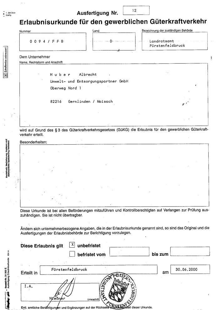 Erlaubnisurkunde Güterverkehr