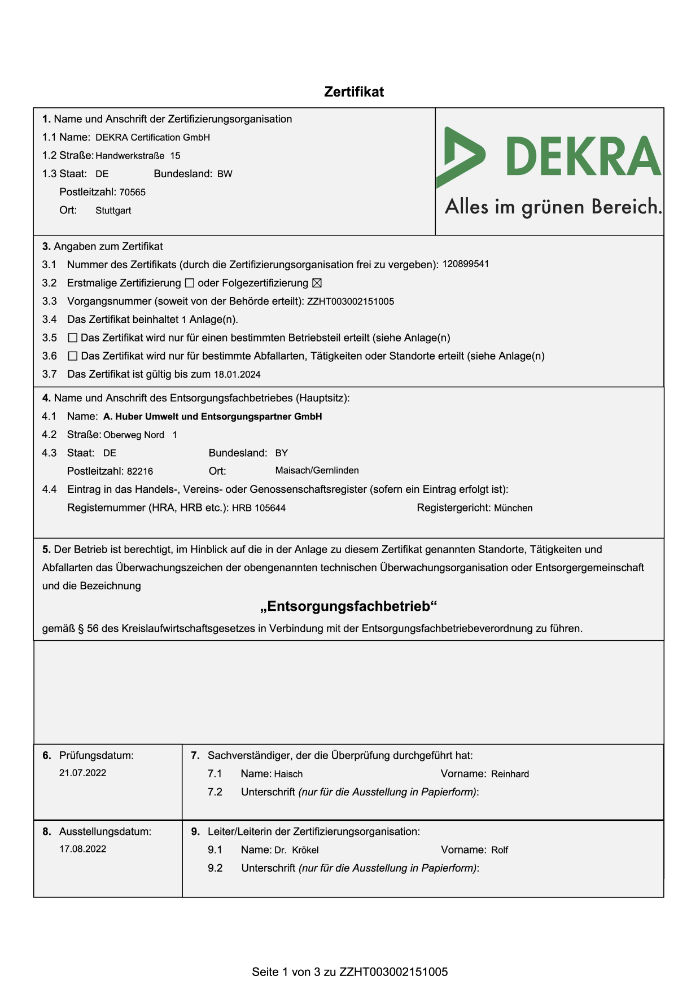 Zertitikat Entsorgungsfachbetrieb 2024