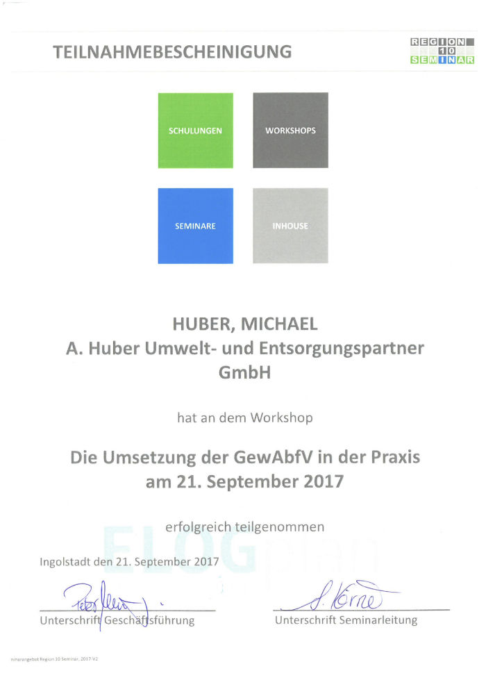 Zertifikat Umsetzung der GewAbfV in der Praxis